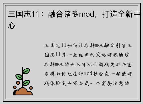 三国志11：融合诸多mod，打造全新中心